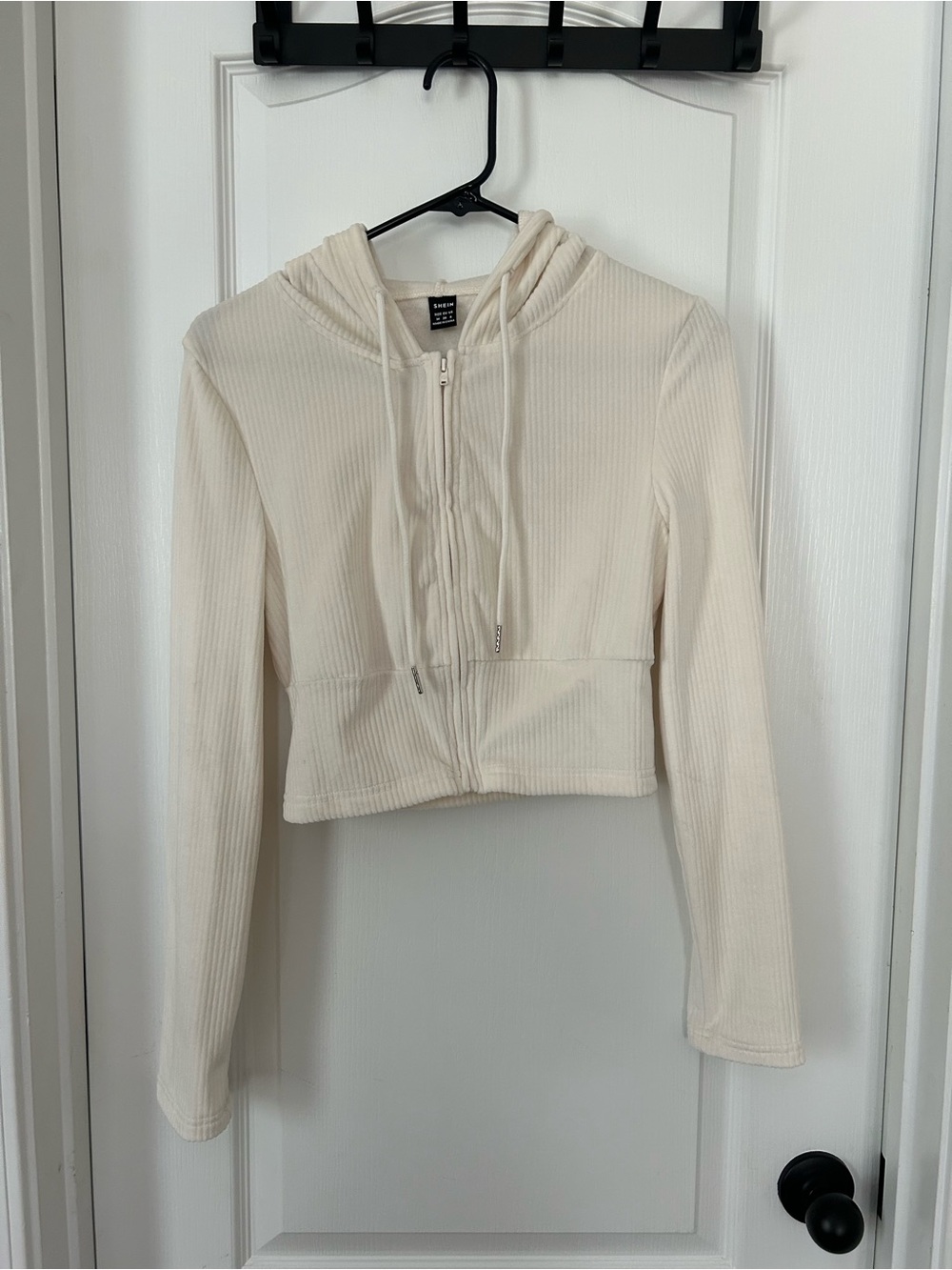 Cream Ribbed Cropped Hoodie